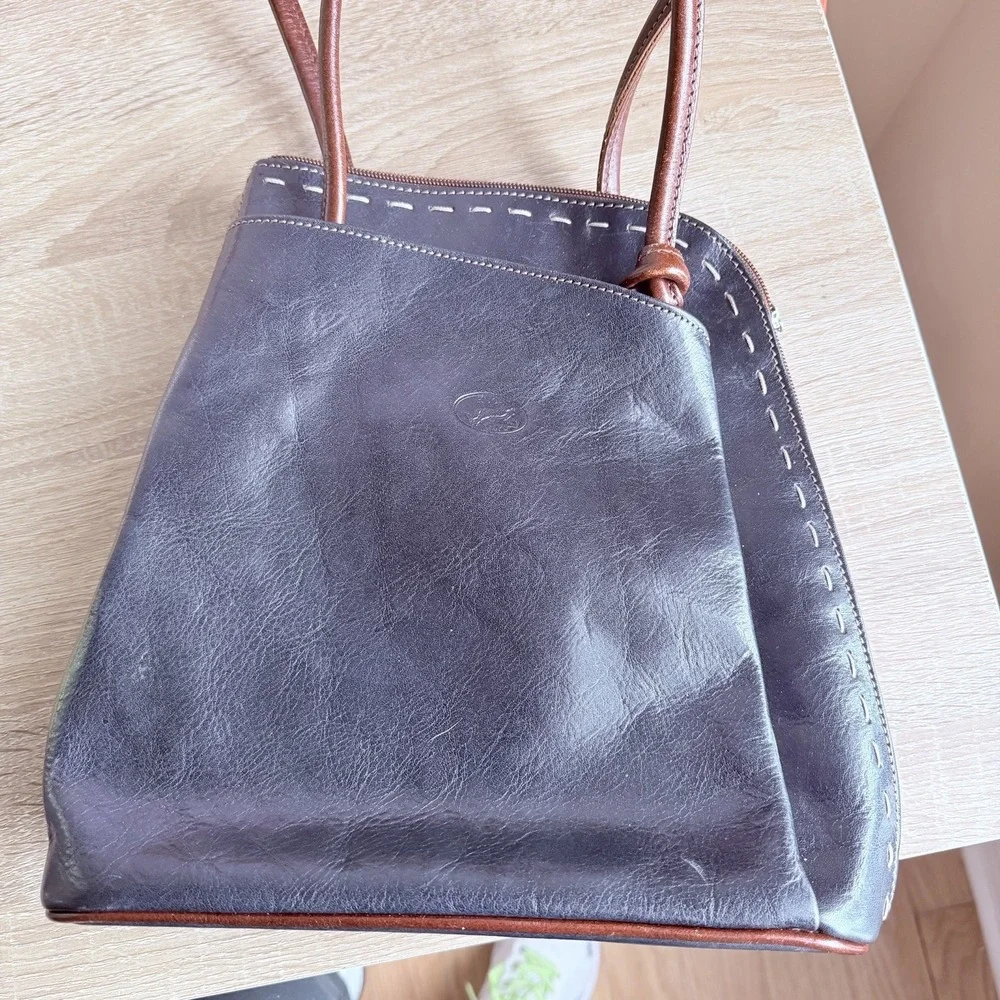 H Joe Stitched Leather Convertible Backpack Women's Navy‎ Brown Made in ITALY